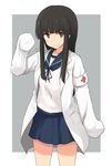  armband bangs black_hair blue_sailor_collar blue_skirt blunt_bangs brown_eyes cowboy_shot hatsuyuki_(kantai_collection) hime_cut kantai_collection kugui_kiyunemu labcoat long_hair looking_at_viewer pleated_skirt red_cross sailor_collar school_uniform serafuku skirt sleeves_past_wrists smile solo standing 