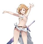  akiha_(attract) armpits ass_visible_through_thighs bandeau belt bikini bikini_skirt breasts brown_eyes djeeta_(granblue_fantasy) from_below granblue_fantasy granblue_fantasy_(style) light_brown_hair medium_breasts navel official_style open_mouth outstretched_arms outstretched_hand short_hair simple_background skirt skirt_lift solo swimsuit sword underboob weapon white_background white_bikini 