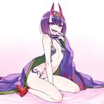  :d blush chan_co fangs fate/grand_order fate_(series) flat_chest hair_ornament horns japanese_clothes kimono oni oni_horns open_mouth purple_eyes purple_hair revealing_clothes seiza short_hair shuten_douji_(fate/grand_order) sitting smile solo tongue tongue_out 