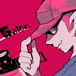  1boy baseball_cap blue_eyes character_name close-up closed_mouth domino_mask hat hat_tip inkling looking_at_viewer lowres male_focus mask nana_(raiupika) pink_background pointy_ears simple_background smile solo splatoon_(series) 