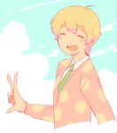  10s 1boy :d blonde_hair clouds haru_(tsuritama) open_mouth peace_sign polka_dot smile solo tie tsuritama 