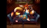  2016 4_toes 5_fingers anthro big_breasts breasts canine cleavage clothed clothing ear_piercing female fox fur hair looking_at_viewer mammal multi_tail nastywolf613 navel orange_fur painting piercing red_hair sitting skimpy smile sofa solo sorafoxyteils toes yellow_eyes yuki_(mewyfox) 