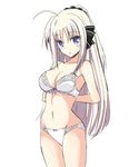  ahoge bow bra breasts commentary_request hair_bow hako_roku large_breasts looking_at_viewer lyrical_nanoha navel panties purple_eyes rinne_berlinetta solo underwear underwear_only vivid_strike! white_hair 