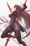  arm_up armor bodysuit breasts commentary_request covered_navel fate/grand_order fate_(series) gae_bolg highres holding holding_weapon lack large_breasts leg_up lips long_hair looking_up pauldrons polearm purple_bodysuit purple_hair red_eyes scathach_(fate)_(all) scathach_(fate/grand_order) shoulder_armor skin_tight spear very_long_hair weapon 