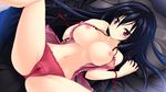  areolae black_hair blush breasts cameltoe camisole cocoro@function! collarbone game_cg hayami_asagao highres large_breasts long_hair looking_away lying motoi_ayumu navel nipples on_back on_bed pussy_juice_stain red_eyes red_legwear solo spread_legs very_long_hair 