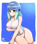  2017 aqua_hair artist_name blue_background blue_eyes blue_hair competition_swimsuit cowboy_shot dated e.x._troopers gradient_hair hairband highres kumo_(kumo8159) long_hair looking_at_viewer multicolored_hair one-piece_swimsuit sitting solo swimsuit tiki_(e.x._troopers) white_hairband white_swimsuit yokozuwari 
