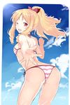  ;d abusoru ass bangs bare_arms bare_shoulders bikini blonde_hair blue_sky blush cloud commentary_request cowboy_shot day drill_hair eromanga_sensei foreshortening from_behind hair_ribbon highres leaning_forward light_rays long_hair one_eye_closed open_mouth outstretched_hand parted_bangs pointy_ears ponytail red_eyes red_ribbon ribbon round_teeth side-tie_bikini sky smile solo standing strap_gap striped striped_bikini sunbeam sunlight swimsuit tareme teeth thighs twin_drills yamada_elf 