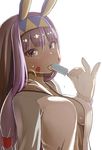 animal_ears bangs blunt_bangs blush breasts bunny_ears covered_nipples dark_skin earrings facial_mark fate/grand_order fate_(series) food hairband hoop_earrings ice_cream jewelry long_hair looking_at_viewer medium_breasts nitocris_(fate/grand_order) ooide_chousuke purple_eyes purple_hair simple_background solo tongue tongue_out white_background 