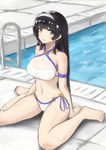  absurdres ankle_strap bangs bare_shoulders bikini black_hair blunt_bangs bo_li_wei_ling breasts cleavage closed_mouth collarbone commentary_request criss-cross_halter eyebrows_visible_through_hair girls_frontline hairband halterneck highres ladder large_breasts long_hair looking_at_viewer nail_polish navel pedicure pool pool_ladder purple_nails qbz-95_(girls_frontline) see-through shiny shiny_hair shiny_skin side-tie_bikini sitting smile solo swimsuit toenail_polish wariza white_bikini white_hairband yellow_eyes 