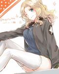  2017 arm_support blonde_hair blue_eyes bomber_jacket breasts dated girls_und_panzer jacket kay_(girls_und_panzer) large_breasts long_hair looking_at_viewer macho_ojiji military military_uniform one_eye_closed saunders_military_uniform sitting sketch solo thighhighs twitter_username uniform white_background 