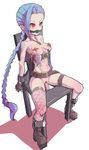 bdsm blue_hair bondage breasts chair dildo full_body gagged infraton jinx_(league_of_legends) league_of_legends navel nipple_vibrator nipples nude pussy red_eyes sitting small_breasts spread_legs twin_braids 