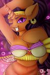  2016 anthro anthrofied artisticduo bra bracelet breasts bubble cleavage clothed clothing equine female friendship_is_magic gold_(metal) hair harem hooves horn jewelry long_hair looking_at_viewer mammal midriff my_little_pony navel one_eye_closed piercing pink_background raised_arm saffron_masala_(mlp) simple_background smile solo translucent underwear unicorn veil voluptuous wide_hips wink 