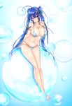  arm_at_side armlet bangs bare_legs barefoot bikini blue_background blue_hair blush breasts bubble butterfly_hair_ornament cleavage collarbone commentary_request earrings frofrofrost full_body gradient gradient_background hair_ornament hand_on_own_chest head_tilt highres jewelry large_breasts long_hair looking_at_viewer navel necklace original pink_eyes scrunchie sitting solo stomach string_bikini swimsuit tareme twintails very_long_hair wrist_scrunchie 
