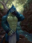  2017 abs anthro avian beak bird breath_of_the_wild covering feathers forest kass_(zelda) looking_at_viewer male mostly_nude muscular muscular_male nature navel nintendo outside pecs solo spectrumshift the_legend_of_zelda towel tree video_games water yellow_eyes 