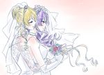  2girls airen arms_around_waist ayase_eli blush couple happy love_live! love_live!_school_idol_project marriage multiple_girls smile toujou_nozomi veil wedding_dress yuri 