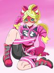  arms_(game) bike_shorts blonde_hair blush bow domino_mask hair_bow highres mask multicolored_hair ribbon_girl_(arms) scratching_head shigehiro_(hiroi_heya) shorts shorts_under_skirt skirt solo sweat tangle two-tone_hair 