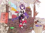  anklet barefoot barefoot_sandals basket book bow chest_of_drawers closed_eyes colorful cursive doll drawer fate/grand_order fate_(series) gem horns jewelry label merchants_chest money nunnun000nunnun oni purple_hair rope shimenawa shuten_douji_(fate/grand_order) sitting sitting_on_object smile toes translation_request tub 