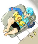  arms_(game) barefoot blue_hair blue_shirt casual closed_eyes cobushii_(arms) controller couch frisbee_(frisbee_aop) from_above full_body game_controller joy-con long_arms male_focus multiple_boys open_mouth pompadour robot shirt shorts sleeping spring_man_(arms) t-shirt 