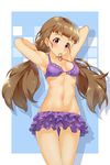  armpits arms_up bangs bikini blunt_bangs blush brown_hair commentary frilled_bikini frills highres idolmaster idolmaster_cinderella_girls kamiya_nao long_hair looking_at_viewer low_twintails mouth_hold navel red_eyes solo swimsuit thigh_gap twintails yuukyan_(ucan85) 