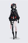  full_body gloves grey_eyes grey_hair hood hooded_jacket jacket long_legs navel neco original short_hair simple_background single_thighhigh solo standing thighhighs weapon 