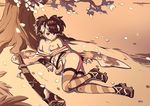  1girl blush breasts comb flower geta hair_flower hair_ornament japanese_clothes katana kimono lake looking_at_viewer lying medium_breasts momohime nipples no_bra no_panties obi oboro_muramasa off_shoulder petals sash sheath sheathed short_kimono smile solo striped striped_legwear sword thighhighs tree typo_(requiemdusk) weapon 