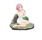  barefoot breasts cleavage collarbone full_body hair_ornament hairclip lisbeth lisbeth_(sao-alo) looking_at_viewer medium_breasts naked_towel official_art parted_lips pink_eyes pink_hair pointy_ears short_hair simple_background sitting solo sword_art_online sword_art_online:_code_register towel wet white_background white_towel 