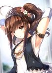  ahoge armlet armpits arms_up blush brown_eyes brown_hair flower hair_flower hair_ornament highres idolmaster idolmaster_million_live! jewelry long_hair looking_at_viewer open_mouth ro_risu side_ponytail solo tiara yokoyama_nao 