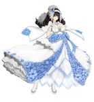  absurdres bangs black_hair blue_flower blunt_bangs bo_li_wei_ling breasts bridal_gauntlets bridal_veil brown_eyes cleavage closed_mouth commentary_request dress fingers_together flower full_body girls_frontline gloves hair_flower hair_ornament hairband hands_up high_heels high_ponytail highres jewelry lace lace-trimmed_dress large_breasts long_dress long_hair looking_at_viewer mole mole_under_eye petticoat ponytail qbz-95_(girls_frontline) ring see-through shiny shiny_hair shoes short_sleeves simple_background smile solo standing star veil wavy_hair wedding_dress white_background white_dress white_footwear white_gloves white_hairband white_legwear 