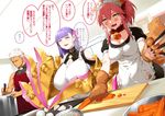  2girls :3 animal_ears apron archer bangs bell blunt_bangs breasts bright_pupils carrot cleavage closed_eyes collar commentary cooking cutting_board eyebrows_visible_through_hair fangs fate/grand_order fate_(series) fox_ears fox_tail frilled_apron frills gigantic_breasts hair_ribbon hair_slicked_back highres indoors kitchen kitchen_knife knife long_hair maid_headdress menea multiple_girls muscle onion open_mouth passion_lip paws pink_hair pot purple_hair ribbon saliva short_hair sidelocks smile tail tamamo_(fate)_(all) tamamo_cat_(fate) translated v-shaped_eyebrows white_hair white_pupils yellow_eyes 