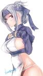  artist_name ass blue_jacket breasts cropped_jacket dress folded_ponytail fundoshi headband jacket japanese_clothes kamoi_(kantai_collection) kantai_collection kojima_(blue_stardust) large_breasts long_hair looking_at_viewer purple_eyes sash sideboob silver_hair simple_background sleeveless sleeveless_dress solo white_background white_dress 