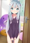  3: artist_name bangs bed blue_eyes blue_hair blush bow closed_mouth covering covering_crotch deviantart_username eromanga_sensei eyebrows_visible_through_hair frown hair_bow highres indoors izumi_sagiri kanz long_hair long_sleeves looking_at_viewer low-tied_long_hair nervous open_door panties pink_bow pixiv_username purple_shirt shirt solo standing stuffed_animal stuffed_toy underwear v_arms watermark web_address white_panties wooden_floor 