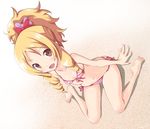  arm_support bikini blonde_hair bow breasts collarbone commentary_request drill_hair eromanga_sensei full_body gradient gradient_background hair_bow iwasi-r long_hair looking_at_viewer navel pink_eyes pointy_ears ponytail sitting small_breasts solo stomach striped striped_bikini swimsuit yamada_elf 