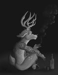  2017 alcohol angry-eyes anthro antlers athletic beverage biceps bottle butt cervine deer digital_media_(artwork) frown fur hi_res hooves horn male mammal monochrome muscualr_male muscular nude scar simple_background sitting smoke smoking solo tattoo 