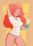  adventure_time beverage blush bottomless breasts cartoon_network clitoris clothed clothing coffee coffee_mug dabbledraws female humanoid nipple_bulge nipples princess_bubblegum pubes pussy shirt solo spread_legs spreading 