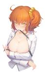  ahoge asymmetrical_hair bangs blush breasts bright_pupils cleavage collarbone commentary_request covering covering_breasts fate/grand_order fate_(series) fujimaru_ritsuka_(female) hair_between_eyes hair_ornament hair_scrunchie large_breasts liusang long_sleeves looking_at_viewer medium_hair mouth_hold no_bra open_clothes orange_hair orange_scrunchie scrunchie shiny shiny_skin simple_background solo tsurime uniform upper_body white_background yellow_eyes 