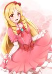  artist_name blonde_hair bow brown_eyes dress dress_lift drill_hair eromanga_sensei frills hairband lolita_fashion long_hair looking_at_viewer open_mouth pantyhose pink_dress pointy_ears red_bow rokuuso solo twin_drills yamada_elf 