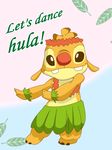  2013 3_toes alien clothing dancing disney english_text experiment_(species) fur gobble_(pixiv) gold_fur gradient_background headband hula leaf lei lilo_and_stitch looking_at_viewer red_nose reuben simple_background skirt smile solo text toes 