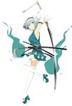  absurdres adapted_costume aqua_eyes aqua_skirt aqua_vest armpits bangs black_hairband closed_mouth detached_sleeves from_side full_body geta hairband highres holding holding_sword holding_weapon katana konpaku_youmu leg_up legs_up long_sleeves looking_at_viewer looking_to_the_side pleated_skirt sheath sheathed short_hair silver_hair skirt smile solo standing standing_on_one_leg suiu_shinotsuku sword tassel thighhighs touhou tsurime unsheathed vest weapon white_legwear zettai_ryouiki 