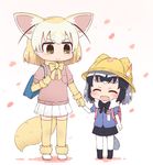  :d ^_^ animal_ears backpack bag blonde_hair brown_eyes cherry_blossoms chibi closed_eyes commentary common_raccoon_(kemono_friends) elbow_gloves fennec_(kemono_friends) fox_ears fox_tail gloves grey_hair hat holding_hands kemono_friends multicolored_hair multiple_girls open_mouth pleated_skirt randoseru school_bag school_hat skirt smile sweater tail thick_eyebrows thighhighs toshi_mellow-pretty two-tone_hair younger 