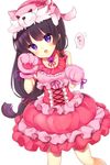  animal animal_on_head black_hair bubble_skirt choker cowboy_shot dress eyebrows_visible_through_hair flower_knight_girl frilled_skirt frills gloves halloween houzuki_michiru long_hair looking_at_viewer low-tied_long_hair on_head paw_gloves paw_pose paws pink_dress pink_gloves purple_eyes red_choker shakuyaku_(flower_knight_girl) skirt smile solo white_background wolf 