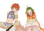  1boy 1girl ahoge armor bare_shoulders blue_eyes boots dress eyes_closed farah_oersted green_hair grin midriff navel open_mouth pants pantyhose red_hair rid_hershel shoes short_hair tales_of_(series) tales_of_eternia 