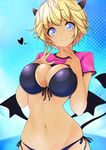  1girl bikini bikini_under_clothes blonde_hair blue_bikini blue_eyes breasts cleavage closed_mouth commentary_request dark_skin demon_girl demon_horns demon_tail demon_wings eyebrows_visible_through_hair front-tie_top hands_on_own_chest heart highres horns large_breasts looking_at_viewer nail_polish navel original pink_nails pink_shirt pointy_ears shirt shirt_lift short_hair short_sleeves side-tie_bikini smile solo standing succubus swimsuit tail tan tanline v wings 