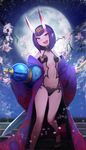  absurdres bad_id bad_pixiv_id bare_shoulders bob_cut breasts cherry_blossoms fangs fate/grand_order fate_(series) full_moon highres horns japanese_clothes kimono looking_at_viewer moon navel oni oni_horns open_mouth pointy_ears purple_eyes purple_hair sawawse short_hair shuten_douji_(fate/grand_order) small_breasts smile solo standing 