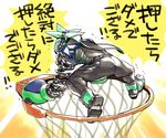  arms_(game) ass basketball_hoop bodysuit buff_(arms) chain commentary from_behind full_body green_hair grey_background male_focus ninja ninjara_(arms) ponytail simple_background solo suno_(imydream) translation_request 