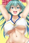 :d absurdres alternate_costume aqua_eyes aqua_hair armpits bangs bare_arms bare_shoulders blush bouncing_breasts breasts cheerleader collarbone commentary_request covered_nipples crop_top crop_top_overhang hair_between_eyes hair_ornament hairclip highres holding kantai_collection large_breasts long_hair looking_at_viewer navel oekakizuki open_mouth pom_poms round_teeth simple_background smile solo stomach suzuya_(kantai_collection) teeth tsurime unaligned_breasts underboob upper_body yellow_background 