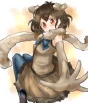  back blush bow bowtie brown_hair emu_(kemono_friends) feathered_wings gloves kemono_friends open_mouth orange_eyes pantyhose scarf simple_background solo tatsuno_newo white_background wings 