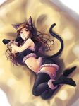  absurdres animal_ears bell bell_collar black_legwear breasts brown_eyes brown_hair cat_ears cat_paws cat_tail collar commentary_request gloves highres idolmaster idolmaster_million_live! k.sho kitazawa_shiho long_hair looking_at_viewer medium_breasts navel paw_gloves paws solo tail thighhighs 