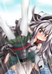  anger_vein black_gloves black_legwear black_skirt blonde_hair blush commentary_request female_pervert fur_trim gangut_(kantai_collection) gloves green_jacket green_skirt grey_hair hat jacket kantai_collection long_hair long_sleeves machinery military military_uniform motion_blur multiple_girls nose_blush ouno_(nounai_disintegration) pantyhose peaked_cap pervert pleated_skirt red_eyes shimushu_(kantai_collection) shimushu_pose short_hair silver_hair skirt torn_clothes uniform upside-down white_hair white_jacket white_legwear 