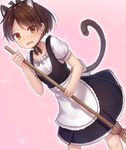  alternate_costume animal_ears apron broom brown_eyes brown_hair cat_ears cat_tail holding holding_broom kantai_collection maid maid_apron minarai_shachou open_mouth pink_background ponytail puffy_short_sleeves puffy_sleeves shikinami_(kantai_collection) short_hair short_sleeves solo sparkle_background tail 