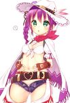  :o ? belt blush bra braid brown_gloves cape chaps cowboy_hat cowboy_shot fingerless_gloves flower_knight_girl gloves green_eyes hands_on_hips hat houzuki_michiru lisianthus_(flower_knight_girl) looking_at_viewer midriff navel open_fly purple_hair red_scarf scarf short_hair short_shorts shorts solo spread_navel underwear white_background white_bra white_cape white_hat 